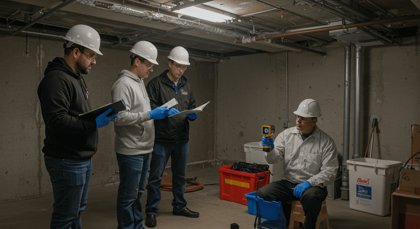 A professional team conducting a mould inspection in a residential basement, using advanced equipment like thermal imaging cameras.