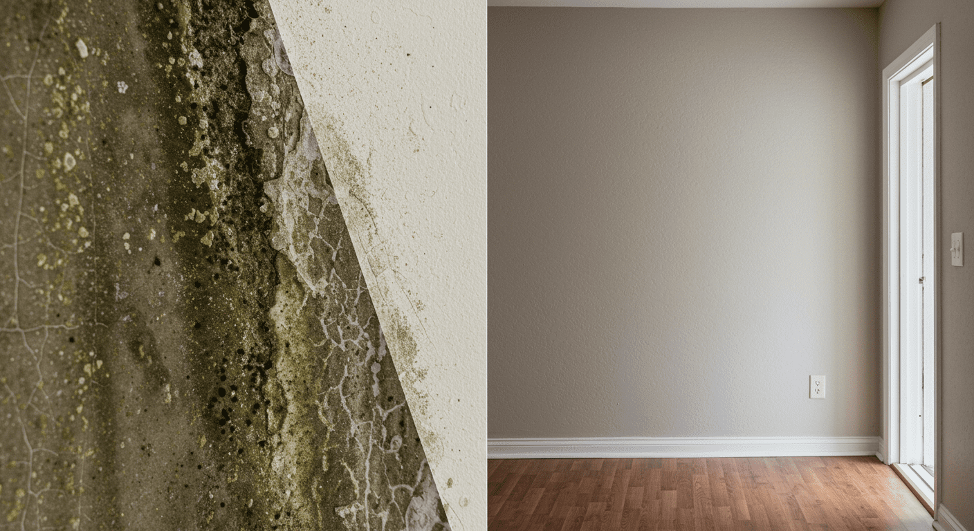 A split image showing a mold-infested wall on one side and the same wall after professional remediation on the other. The transformation highlights the effectiveness of professional services.