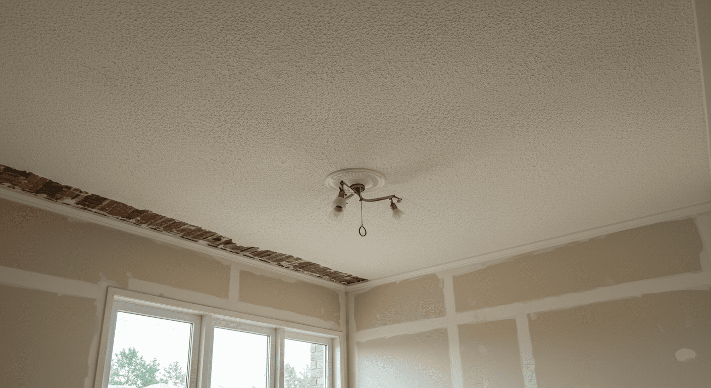 A clean and tidy room after the popcorn ceiling has been removed, showcasing the smooth ceiling and freshly painted walls. Natural light floods the space, creating an inviting atmosphere.
