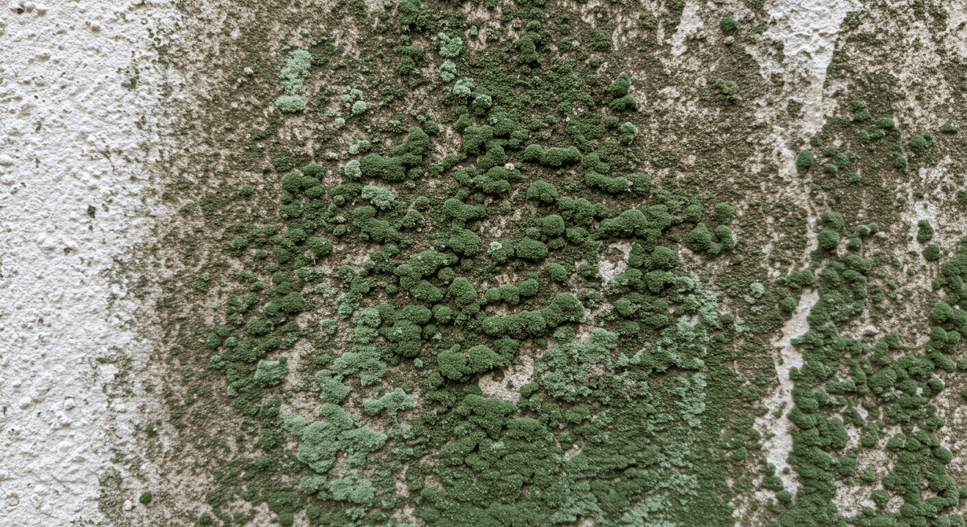 A close-up view of green mold growing on a damp wall in a residential setting, showcasing the texture and color variations of the mold.
