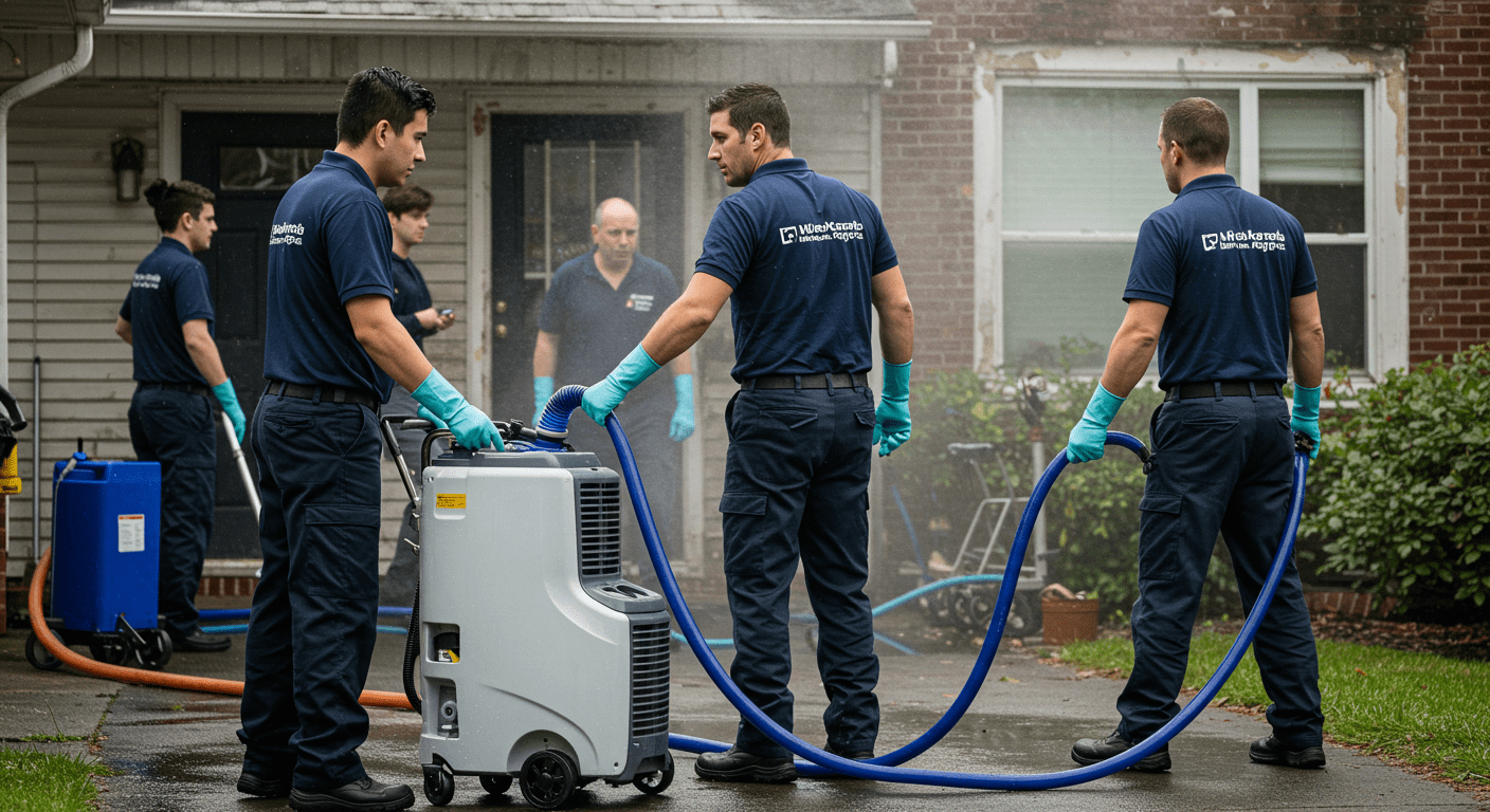 A team of professionals in uniforms actively working on a water-damaged property, using equipment like water extractors and dehumidifiers. The scene captures urgency and teamwork.
