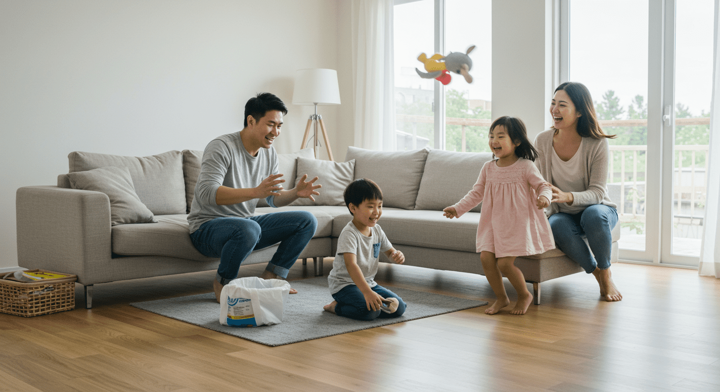 A family happily playing in a clean living room, symbolizing the benefits of mold removal. The atmosphere is bright and cheerful.