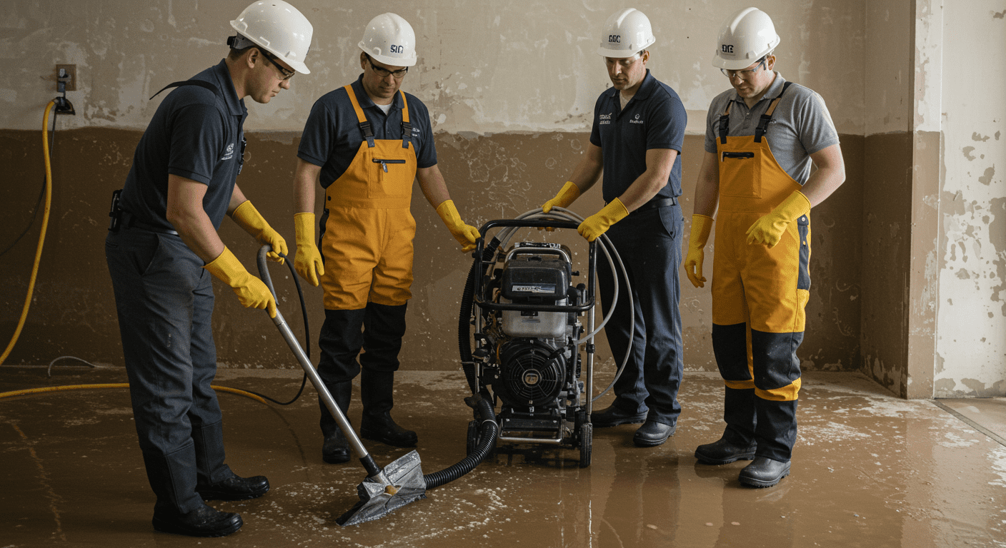 A team of remediation contractors working together to clean up after a flood, with visible water on the floor and equipment like pumps and vacuums, highlighting teamwork and professionalism.