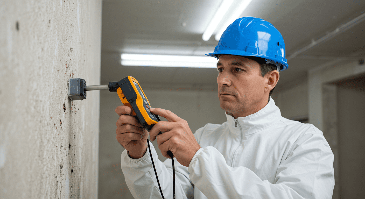 A mold inspector using a moisture meter on a wall, with a focus on the tool and the inspector's concentrated expression.