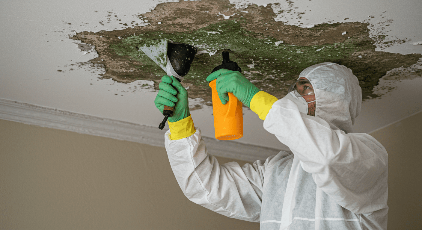 A professional mold remediation expert actively removing green mold from a ceiling.