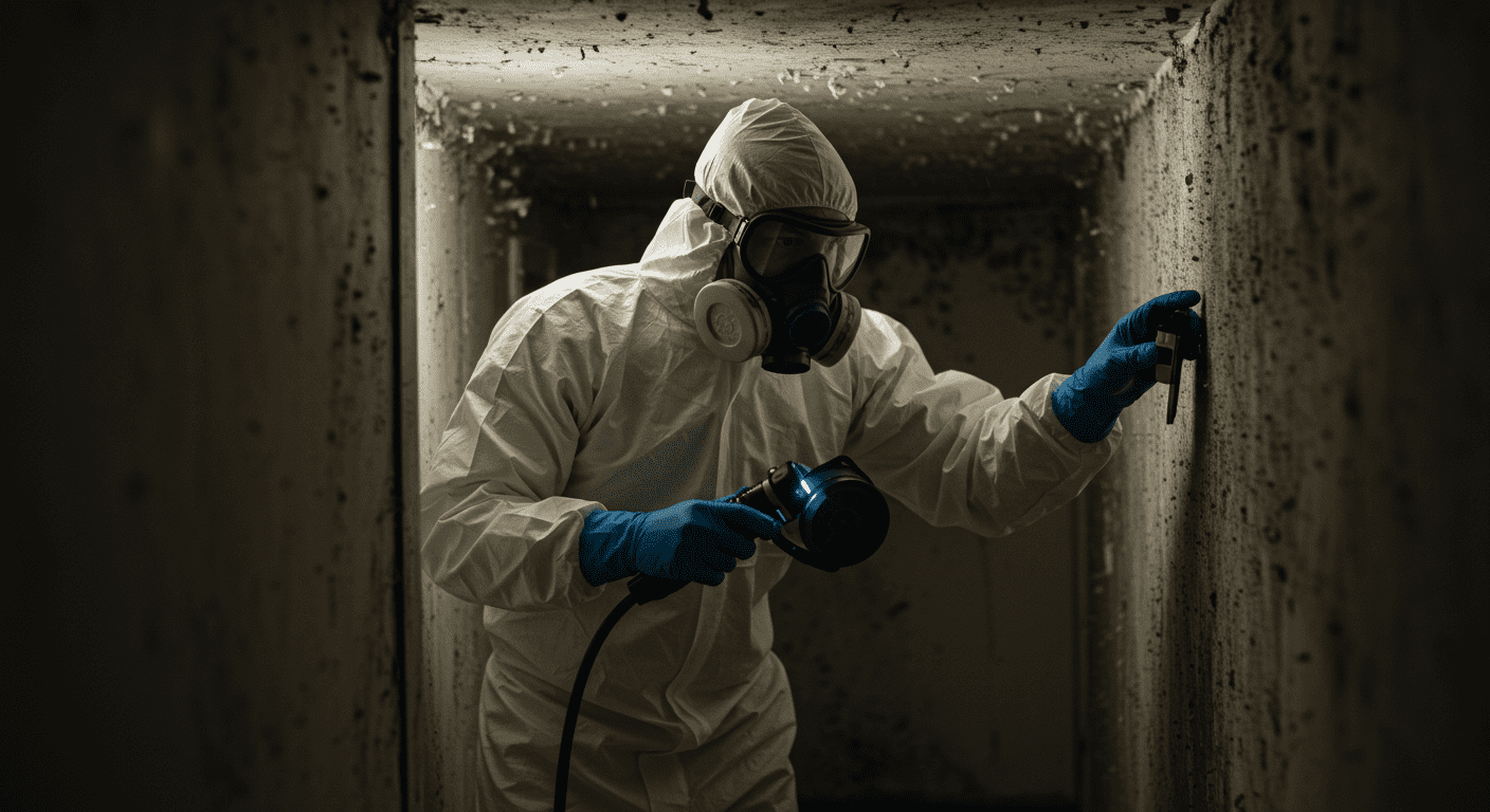 A professional in protective gear inspecting a mold-infested area, showcasing the remediation process.