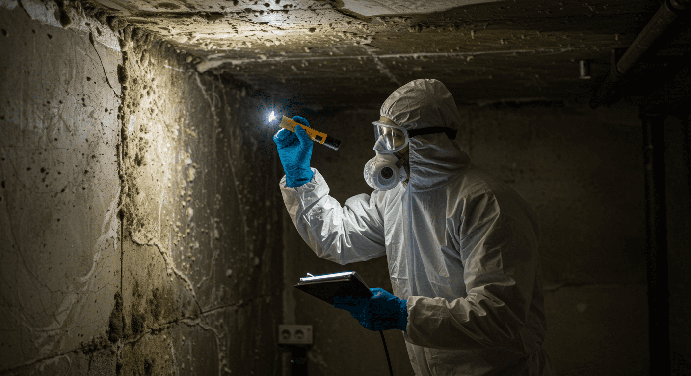 A professional mold removal technician in protective gear inspecting a residential basement for mold growth. The technician is using a flashlight to illuminate dark corners, showcasing the seriousness of mold inspection.