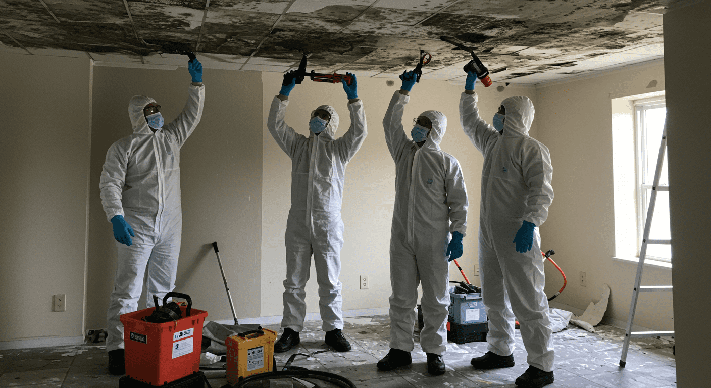 A team of mold remediation experts in protective suits is actively removing mold from a ceiling. Tools and equipment are spread out around them, showcasing the remediation process.