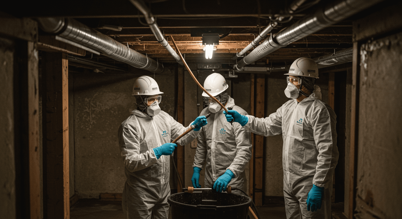 A professional mold remediation team working in a crawl space, equipped with protective gear and tools. The image captures the teamwork and effort involved in effectively removing mold.