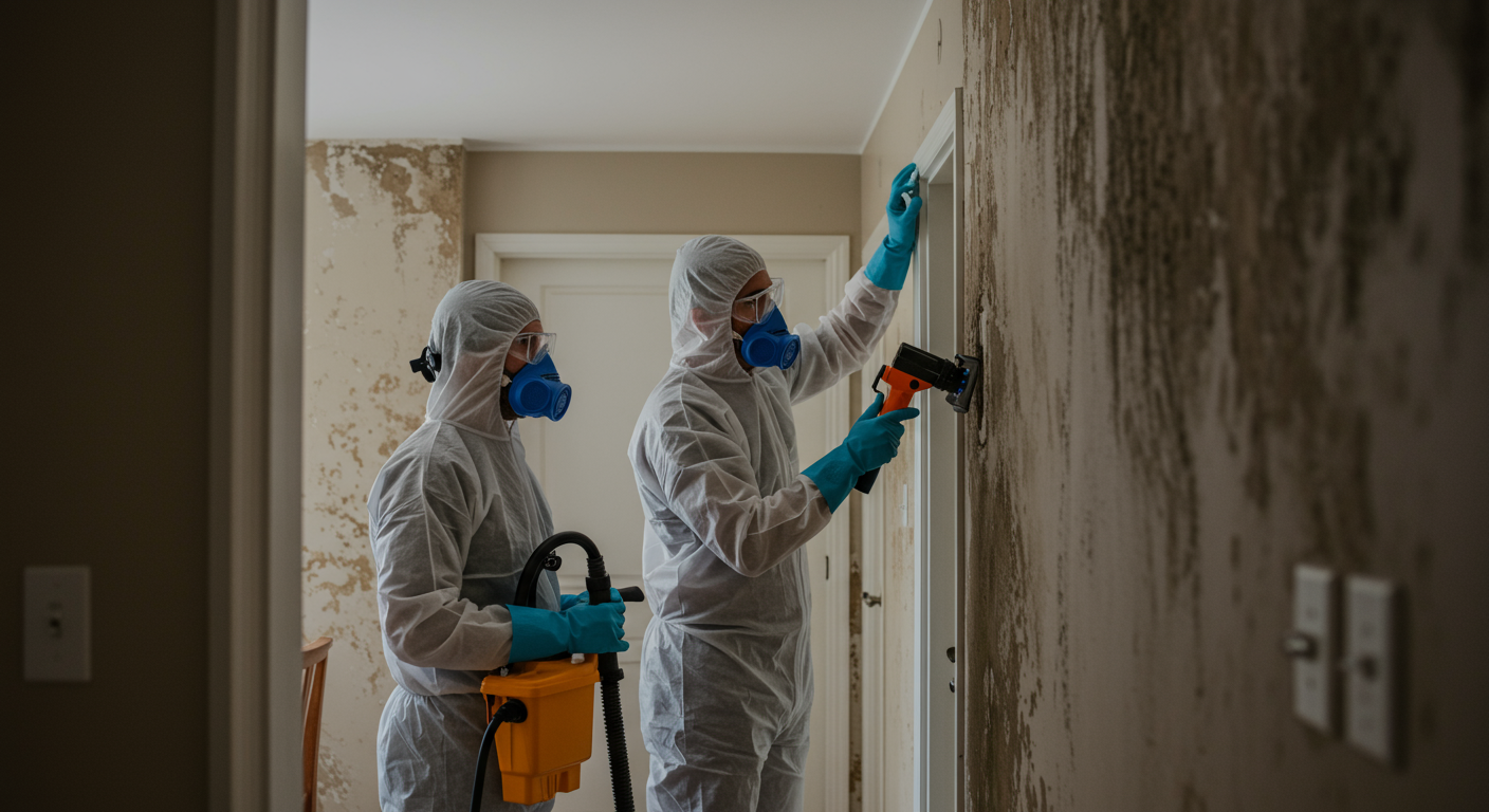A professional team conducting mold remediation in a home, wearing protective gear and using specialized equipment to remove mold from a wall.