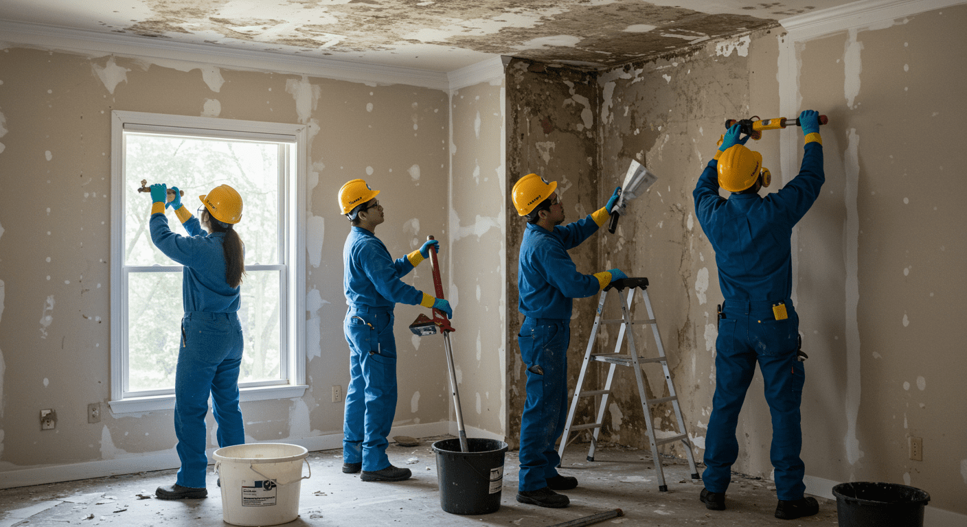 A team of mold remediation specialists in action, removing mold-infested drywall in a home. They are wearing safety equipment and working together, showcasing teamwork and professionalism in a bright, well-lit room.