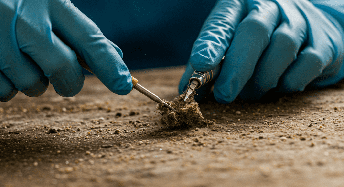 A close-up of mold being removed from a surface by a technician using specialized tools. The focus is on the technician's hands and the mold, illustrating the meticulous process of mold remediation.