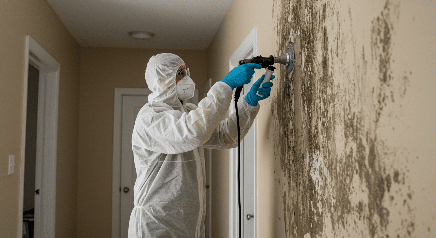 A professional technician in protective gear actively removing mold from a wall in a residential setting.