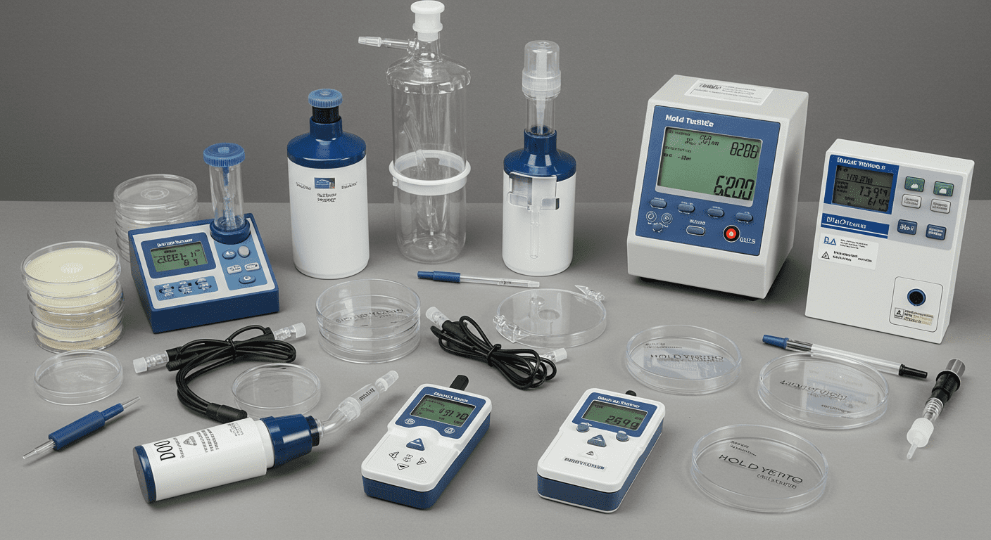An array of advanced mold testing equipment laid out on a table, including air sampling pumps, moisture meters, and petri dishes. The image conveys professionalism and the scientific approach to mold testing.