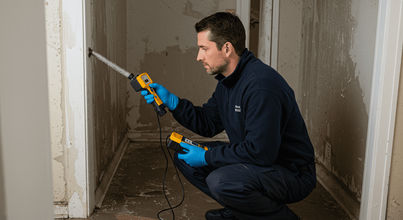 A professional technician inspecting a water-damaged area in a home, using moisture detection equipment.
