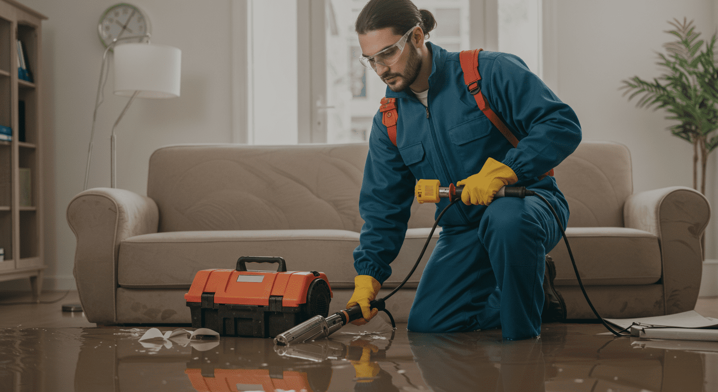 A professional water damage restoration technician assessing a flooded living room, equipped with advanced tools and equipment. The technician is focused and determined, showcasing their expertise in handling the situation.