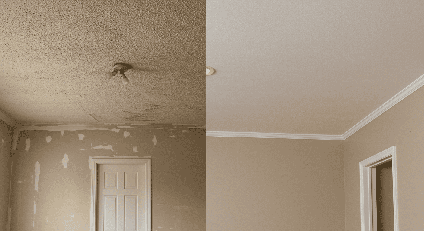 A split image showing a room with a popcorn ceiling on one side and the same room with a smooth ceiling on the other side. The contrast highlights the transformation.