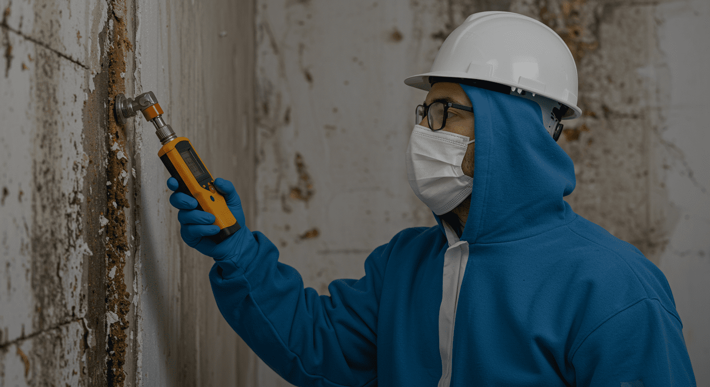A professional mold inspector wearing protective gear is examining a wall with a moisture meter, showcasing the process of identifying mold damage.