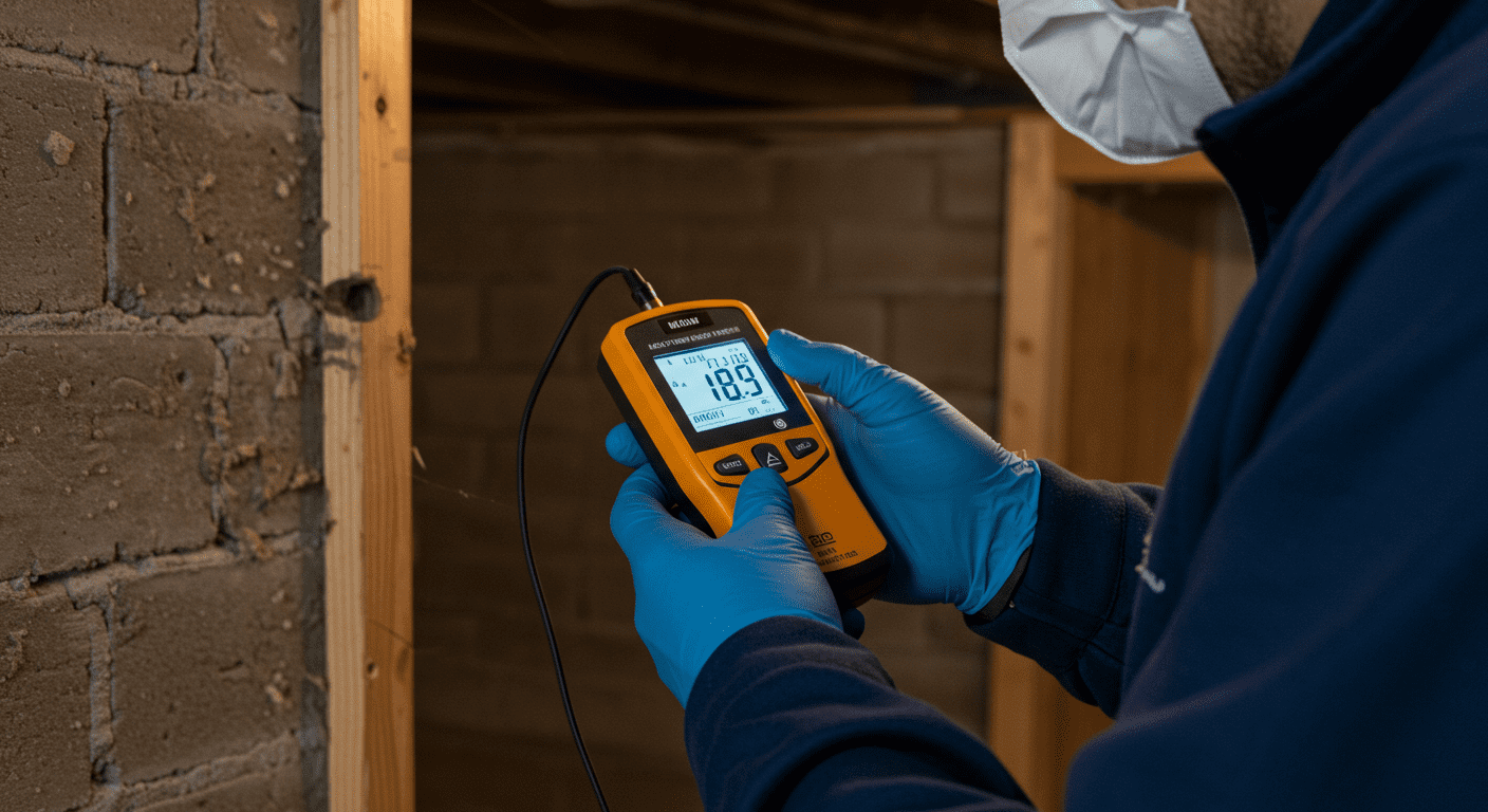 A professional mold inspector using a moisture meter to check for mold in a residential basement. The inspector is wearing protective gear, and the focus is on the moisture meter reading.