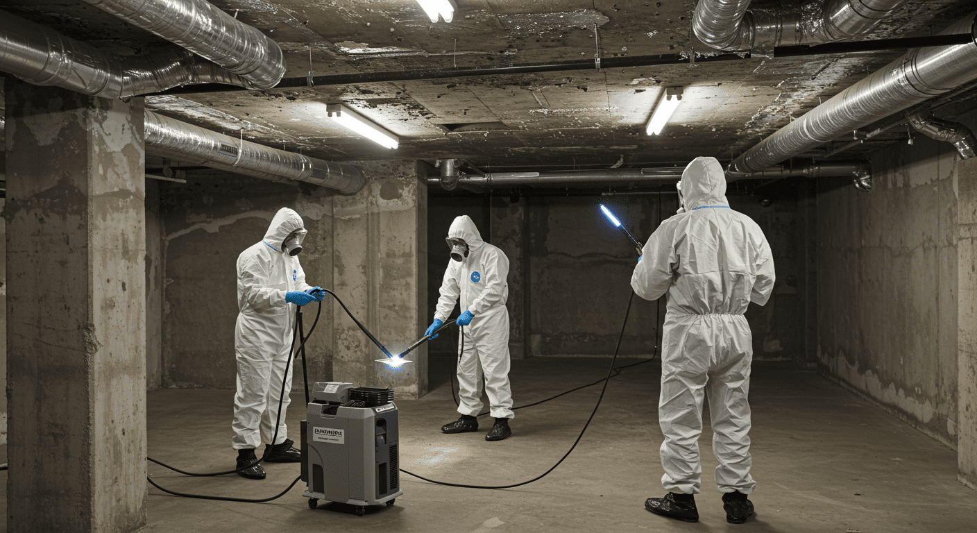 A team of technicians in protective suits performing mould remediation in a basement.