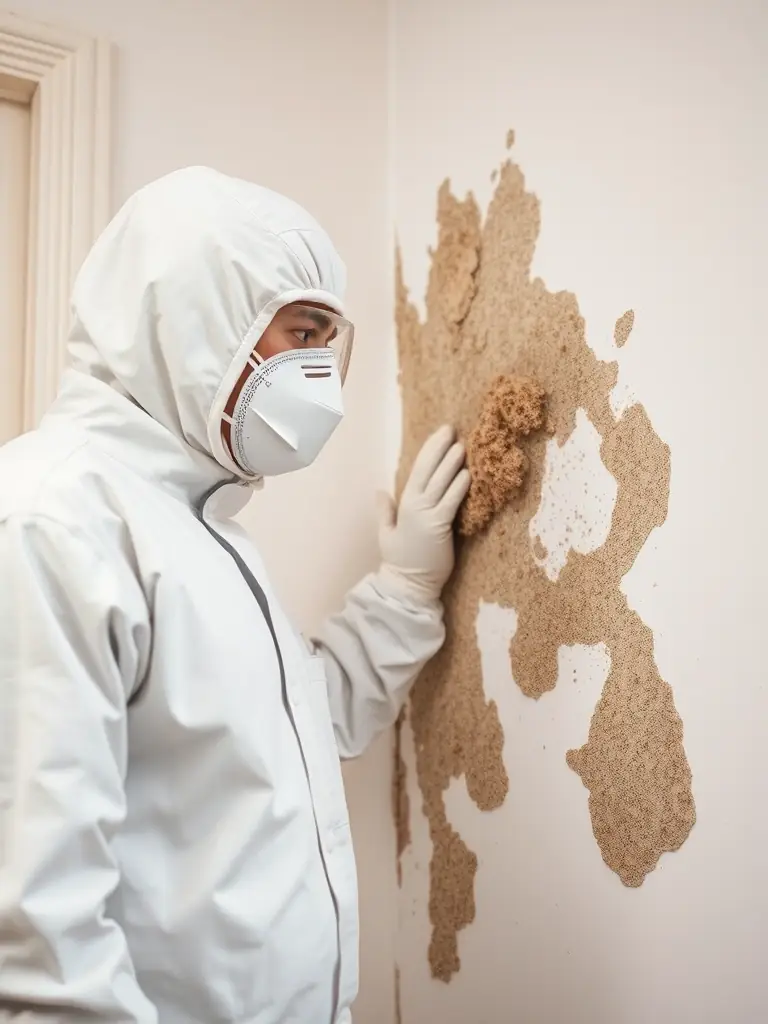 A technician inspecting mold growth behind drywall with protective gear, highlighting Aqua Repair NJ's mold removal service.