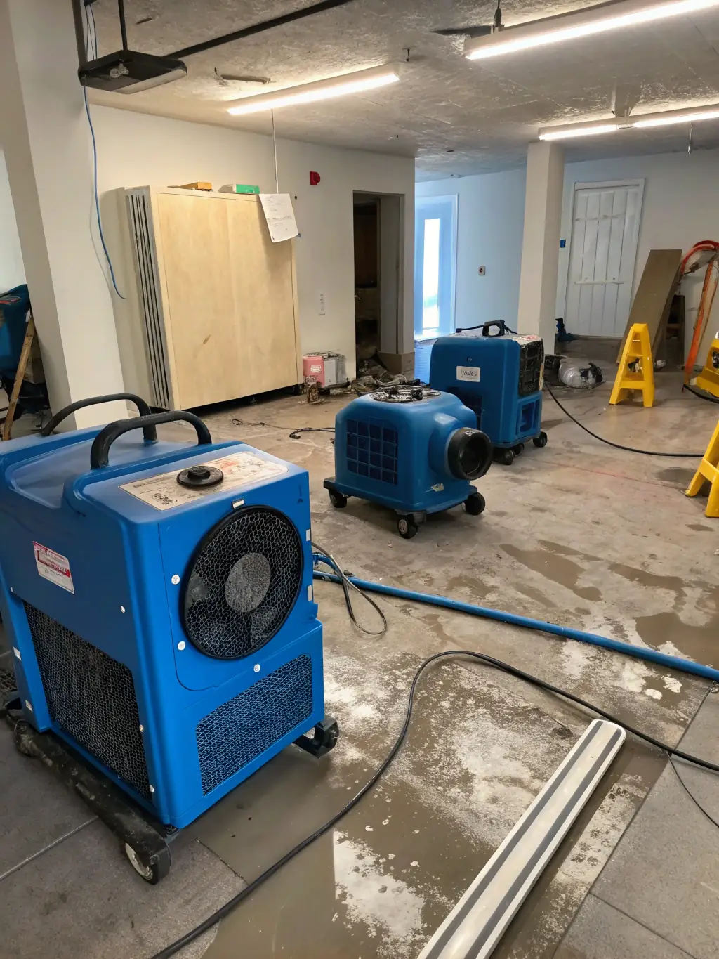 A photo of industrial-grade dehumidifiers and air movers drying out a water-damaged room, illustrating the drying process.