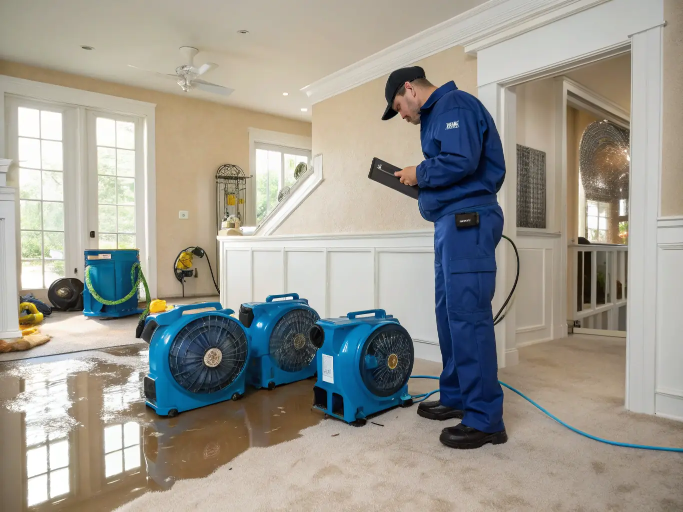 A photo showcasing Aqua Repair NJ technicians conducting a thorough initial assessment of a water-damaged property, using moisture detection tools and documenting the extent of the damage.