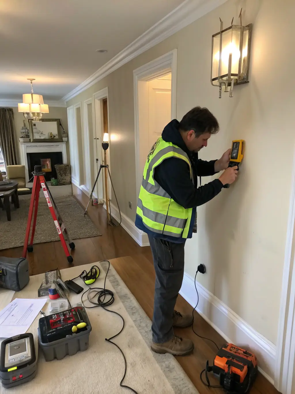 An image showing a technician using moisture detection equipment to identify hidden moisture within walls after a water damage event, emphasizing thoroughness.
