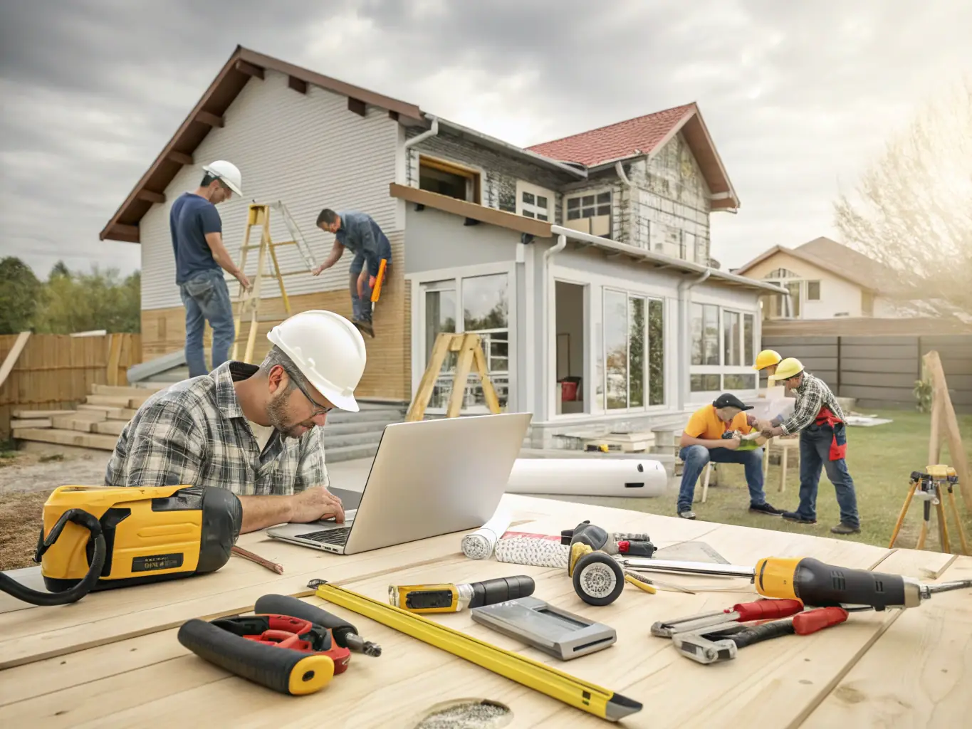 A photograph illustrating a property undergoing full remediation, showing various stages of the restoration process, including cleaning, repairs, and final inspection.