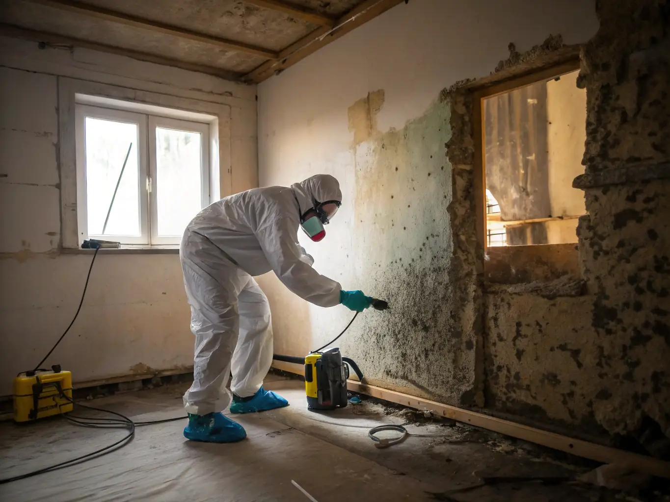 A photograph showing a technician in protective gear inspecting a mold-infested area in a home, with moisture detection equipment visible.