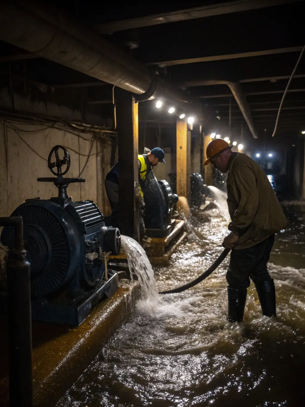 A high-resolution image depicting a flooded basement with water being extracted by professional equipment, showcasing Aqua Repair NJ's water extraction service.