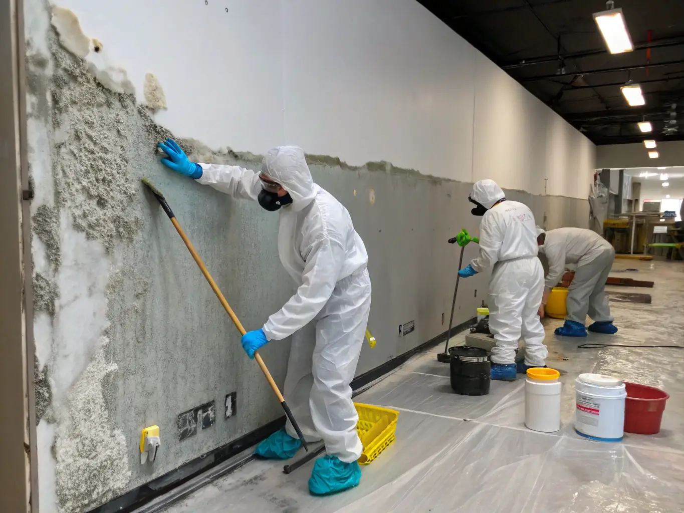 A photo showing Aqua Repair NJ technicians performing mold remediation in a property, wearing protective gear and using specialized equipment to remove mold safely and effectively.