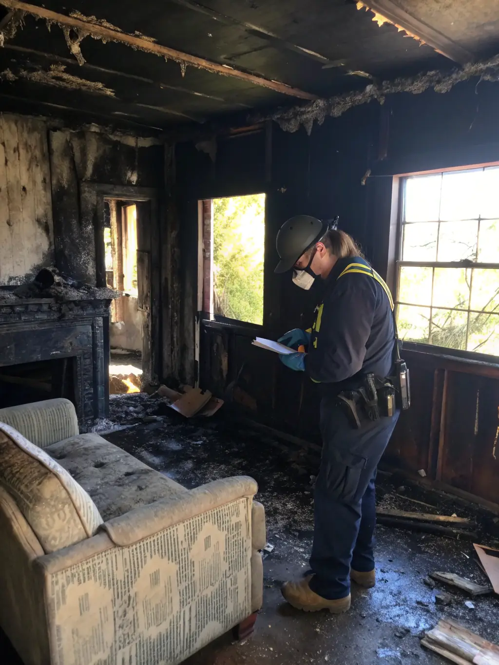 A technician cleaning soot from a wall after a fire incident, demonstrating Aqua Repair NJ's fire damage restoration expertise.